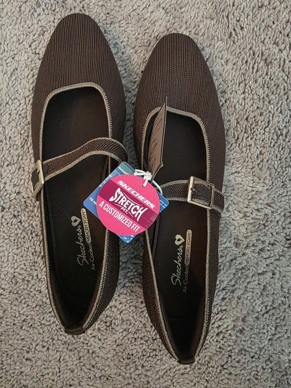 Skechers Brown Stretch Mary Jane Flats with Buckle Strap